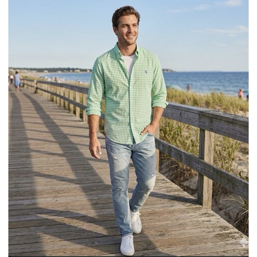 Ralph Lauren Green Gingham LS Purple Pony Shirt L Preppy Coastal Resort Work